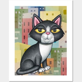 Black and white kitty cat with a cityscape with orange and yellow Posters and Art